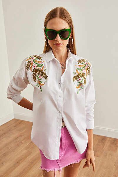 Olalook Cămașă oversize pentru femei cu broderie albă frunze - GML-19001228