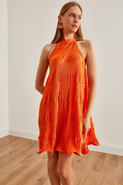 Olalook Orange Halter Neck Pleated Women's Dress - ELB-19002220