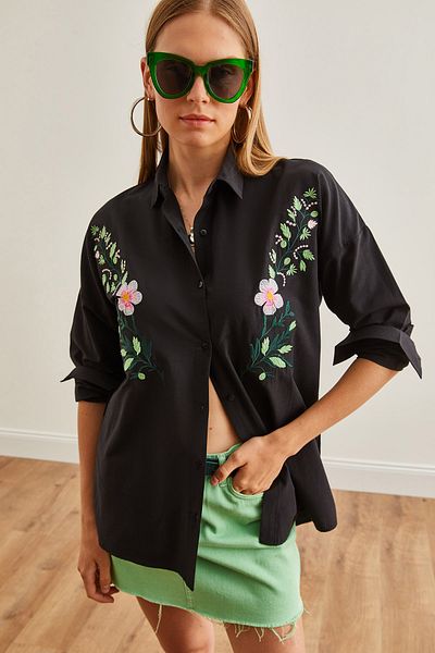 Olalook Cămașă oversize pentru femei cu broderie neagră - țesută violet GML-19001228