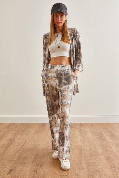 Olalook Ecru Smoked Women's Kimono and Palazzo Trousers Set - TKM-19000297