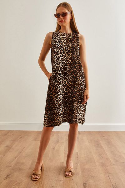 Olalook Leopard Print Μαύρο Viscon Φόρεμα Α με τσέπες, ELB-19002221