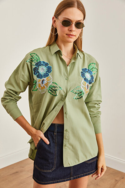 Olalook Green Floral Patterned Palm Shirt - Sequin Detailed, Woven GML-19001225
