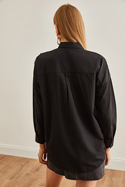 Olalook Black Palm Sequin Detailed Women's Woven Shirt - GML-19001225