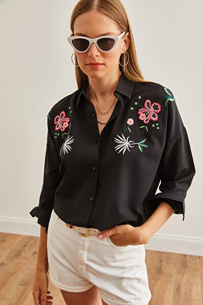 Olalook Γυναικείο πουκάμισο Oversize σε μαύρο κεντημένο Lilyum - GML-19001228