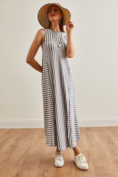 Olalook Szürke csíkos bő női ruha - hosszú ELB-19001075