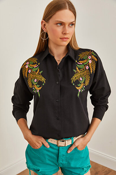 Olalook Leaf Black vyšívaná oversize dámská košile - GML-19001228