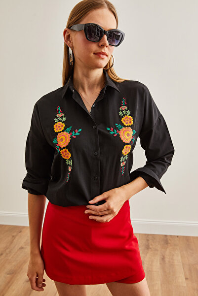 Olalook Cămașă oversize pentru femei, neagră, cu model de flori portocalii - GML-19001228