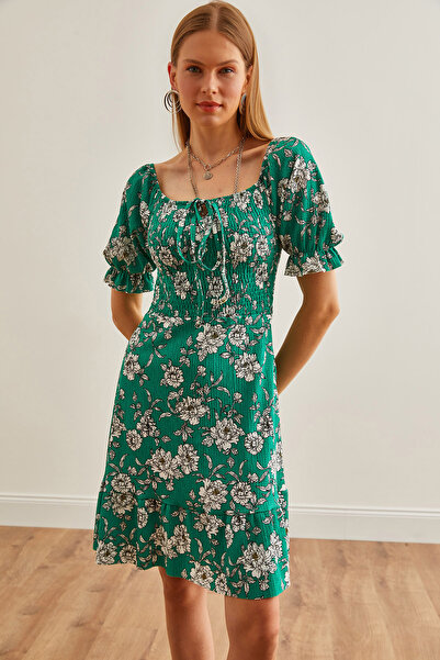 Olalook Kadın Yeşil Beyaz Boyundan Bağlamalı Gipeli Mini Elbise ELB-19002219