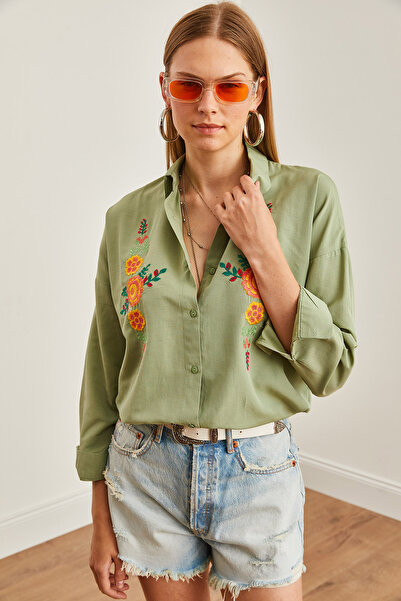 Olalook Kadın Turuncu Çiçek Küf Yeşili Nakış Detaylı Oversize Dokuma Gömlek GML-19001228