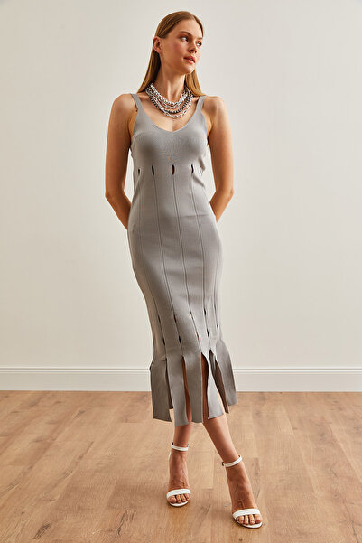 Olalook Gray Tassel Knitwear Women's Dress - Strappy Model ELB-19002216