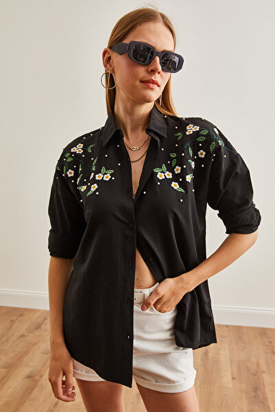 Olalook Daisy Black Embroidered Oversize Women's Shirt - GML-19001228