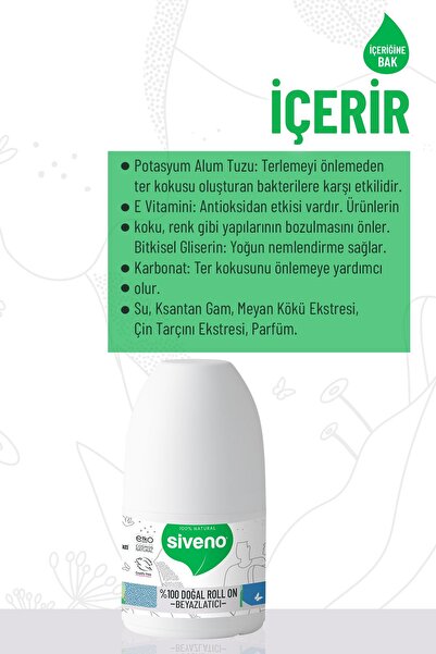 Siveno %100 Doğal Roll-On Beyazlatıcı Etkili Deodorant Ter Kokusu Önleyici Bitkisel Lekesiz 50 ml X2 Adet