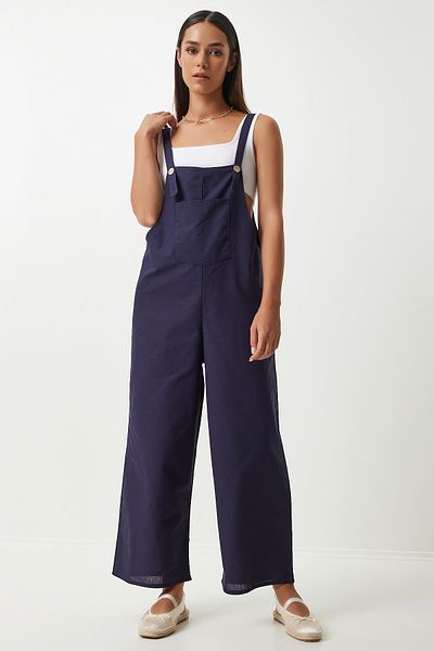 Happiness İstanbul Marineblauer Sommer-Jumpsuit aus dünnem Gabardine - Strappy Gardener für Damen KY00011