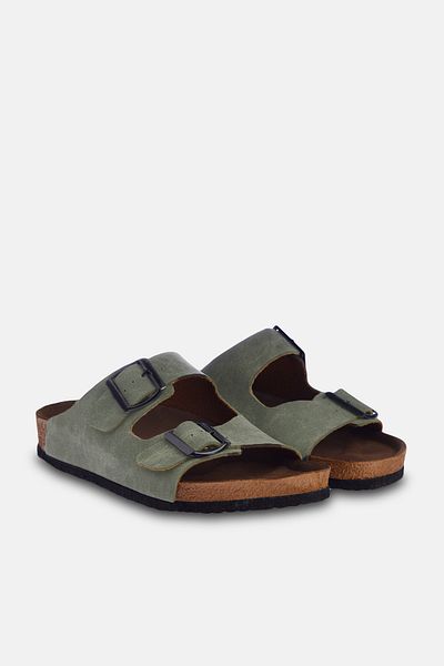 TRENDYOL SHOES Dámské pantofle Khaki s dvojitou přezkou - TAKSS24TE00004