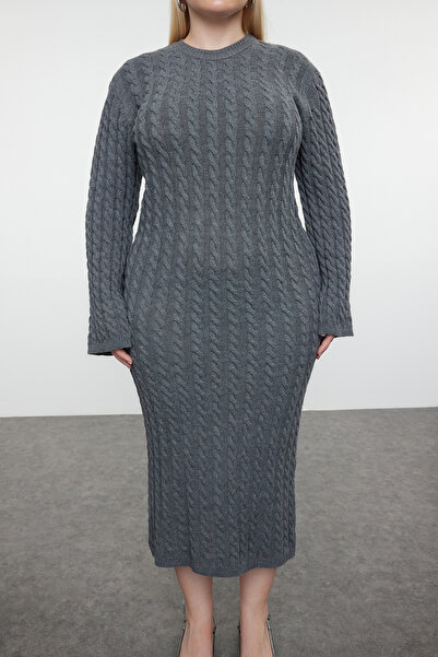 Trendyol Curve Rochie de tricot antracit cu lungime midi - împletită păr TBBAW25AH00002