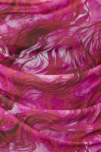 Trendyol Collection Stretchy Tulle Knitted - Plum Printed, Degaje Collar Crop Blouse TWOSS24BZ00121