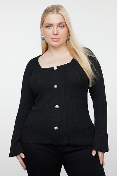 Trendyol Curve بلوزة تريكو سوداء بأزرار - رقبة مربعة TBBAW25AF00001