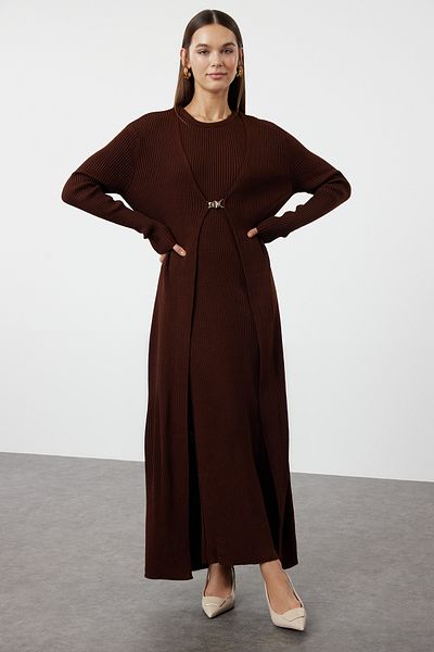 Trendyol Modest Κοτλέ Καφέ Σετ Πλεκτά Φόρεμα και Ζακέτα - TCTAW23US00118