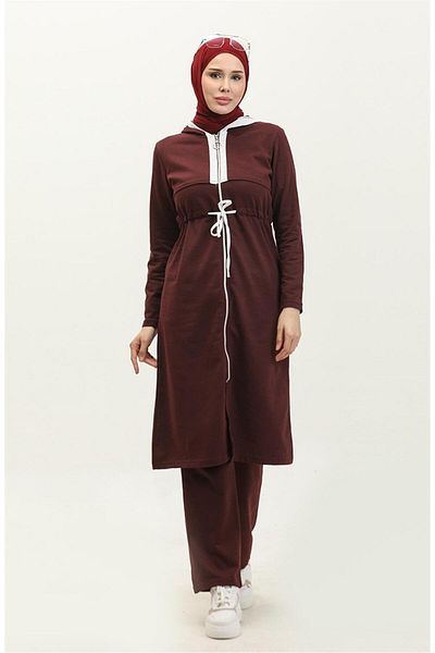 Bwest Hooded Zippered Waist White Laced Plain Basic Double Sports Set - 03074 - Plum