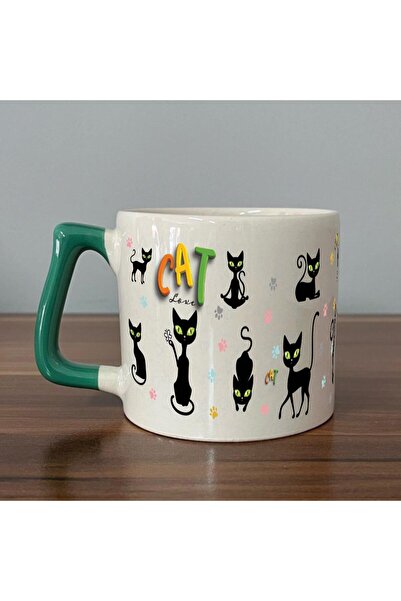 Kırtasiye Ofisi كوب على شكل حرف D بمقبض أخضر مطبوع عليه "Cat Love