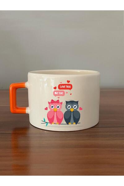 Kırtasiye Ofisi كوب "أحبك" مطبوع عليه طيور برتقالية بمقبض على شكل حرف C