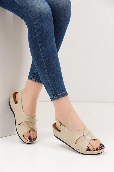 ELİS Orthopedic Soft Sole Velcro Summer Sandals for Women and Mother - Cream Color