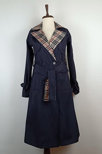 duay butik Print Detailed Trench Coat Navy Blue K333