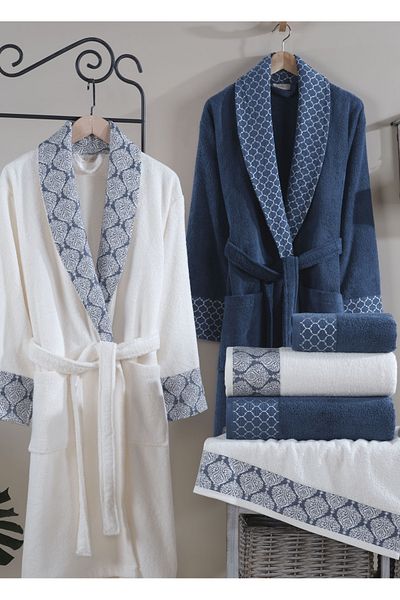 Dantela Dream 6-Piece Jacquard Cotton Bathrobe Set - Cream/Navy Blue