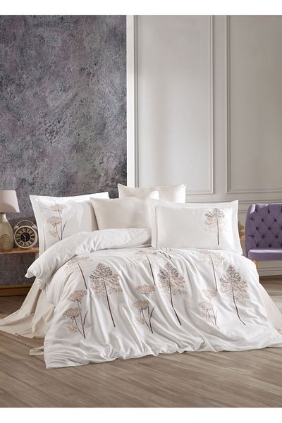 Dantela Set cuvertură de pilota din satin de bumbac cu broderie Zümra - crem/bej