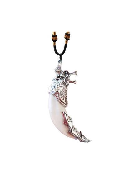 Profisher Doğal Tibet 7cm Alfa Kurt Dişi Kolye Beyaz Renk Ayarlı Örgü İp