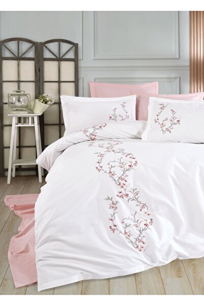 Dantela Lia Nakışlı Poplin Saten Nevresim Takımı - Krem