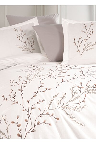 Dantela Poplin Satin Duvet Cover Set - Soul Embroidered, Cream