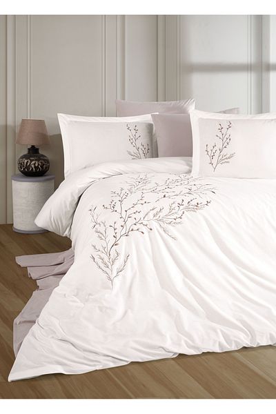Dantela Set cuvertură de pilota din satin popelin - Brodat Soul, crem
