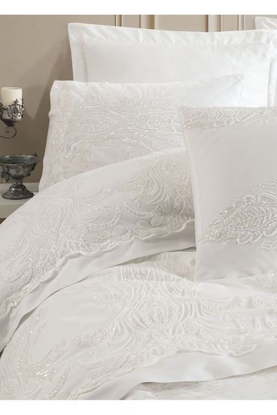 Dantela Mira Bella Laced Cotton Satin Bridal Set - Cream