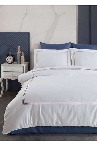 Dantela Florentino Embroidered White-Navy Blue Cotton Satin Duvet Cover Set