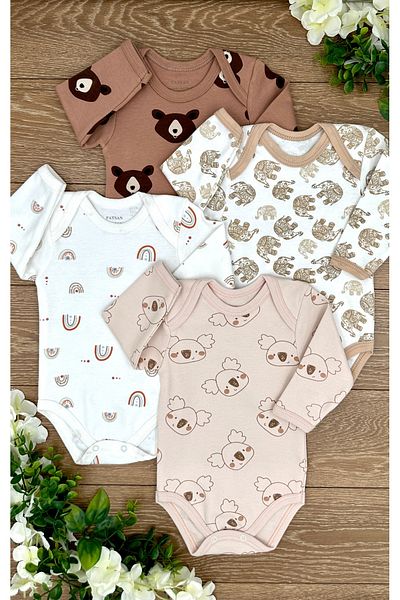 Renkli Puset 4-Piece Cotton Baby Bodysuit and Bodysuit Set - Bear, Koala, Elephant, Rainbow