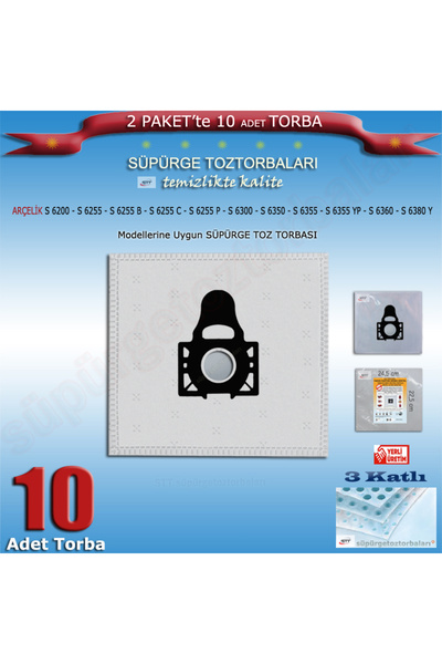 Arçelik Arçeli̇k S 6200 - S 6255 - S 6255 B - S 6255 C - S 6255 P Suitable 10 Pieces Vacuum Cleaner Dust Bag 200720