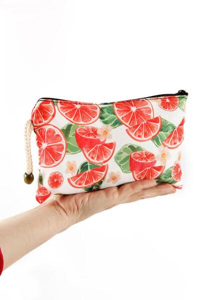 BYBAG Geantă de machiaj cu model de fructe portocalii de mărime medie, roșu și alb - cu fermoar, 12 cm x 20 cm