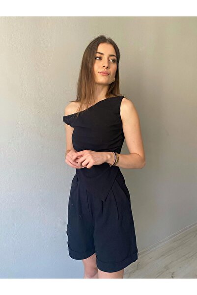 Niceboutique Siyah Asitmetrik Bluz Şort Keten Takım