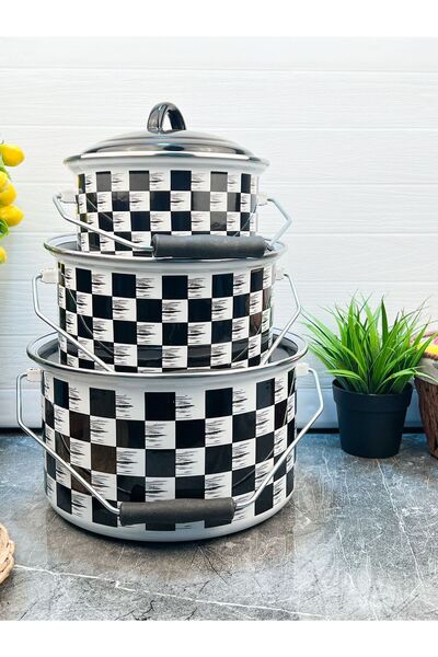 Sezka Life Dama Desenli 3 Boy Kulplu Bakraç Emaye Tencere Takımı Desenli Tenc...