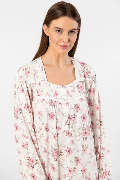 TÜREN Battal Size Floral Patterned Long Sleeve Viscose Women's Nightgown