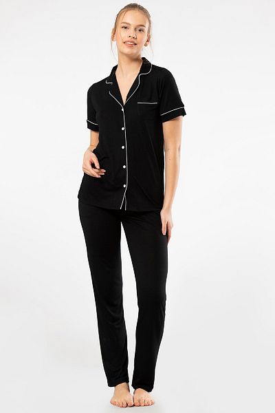 TÜREN Women's Shirt Collar Pajamas Set - Solid Short Sleeve, Button Front, 65% Viscose, 35% Polyester
