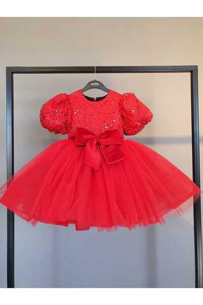 SCSTİL BALON KOL BONCUKLU KIRMIZI ELBİSE