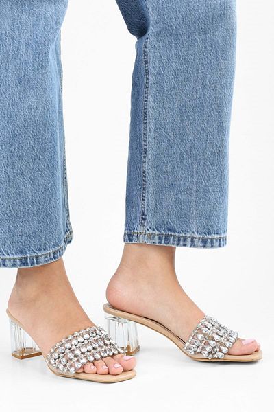 Shoeberry Dámské průhledné pantofle Lue Stoned na podpatku