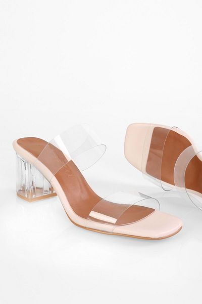 Shoeberry Beige Damen-Slipper mit Absatz - Rechenmodell mit transparenten Bändern