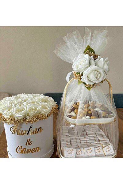 Masalsı Concept Söz Çiçeği - Nişan Çiçeği - Isteme Çikolatası - Söz Nişan Hediyelik çift kat porselen tabaklı