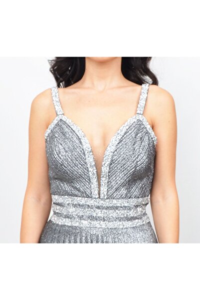 ALİS DRESS Kadın Beli Ve Omuzu Taş Işlemeli Pilise Etekli Gümüş Abiye