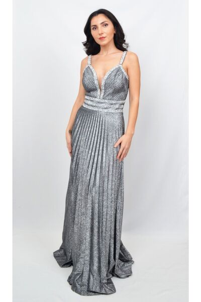 ALİS DRESS Kadın Beli Ve Omuzu Taş Işlemeli Pilise Etekli Gümüş Abiye