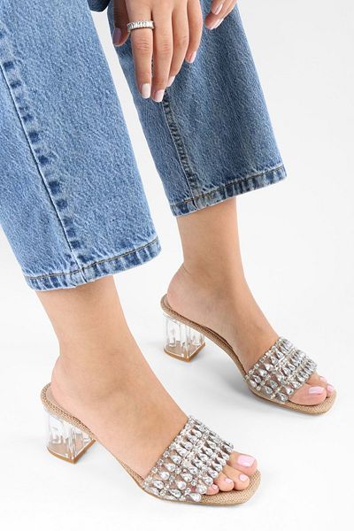 Shoeberry Lue Damen-Slipper aus transparentem Stroh mit Absatz