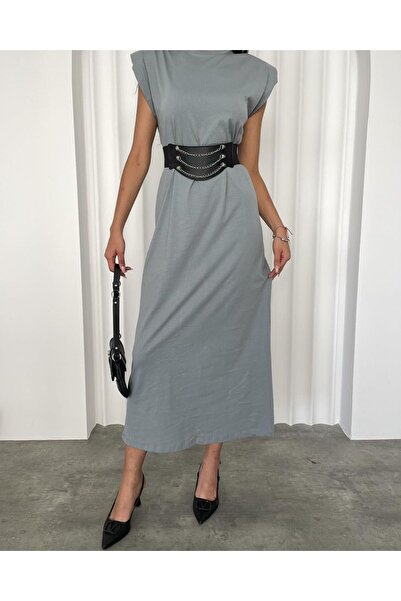 HARMONY GLOBAL Maxi Length Grey Combed Βαμβακερό Φόρεμα - Επενδεδυμένο και Αμάνικο 10.207